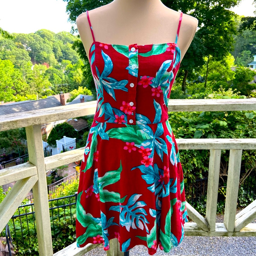 Hollister Red Blue & Green Tropical Botanical Palms Floral Dress Size S - Picture 1 of 11